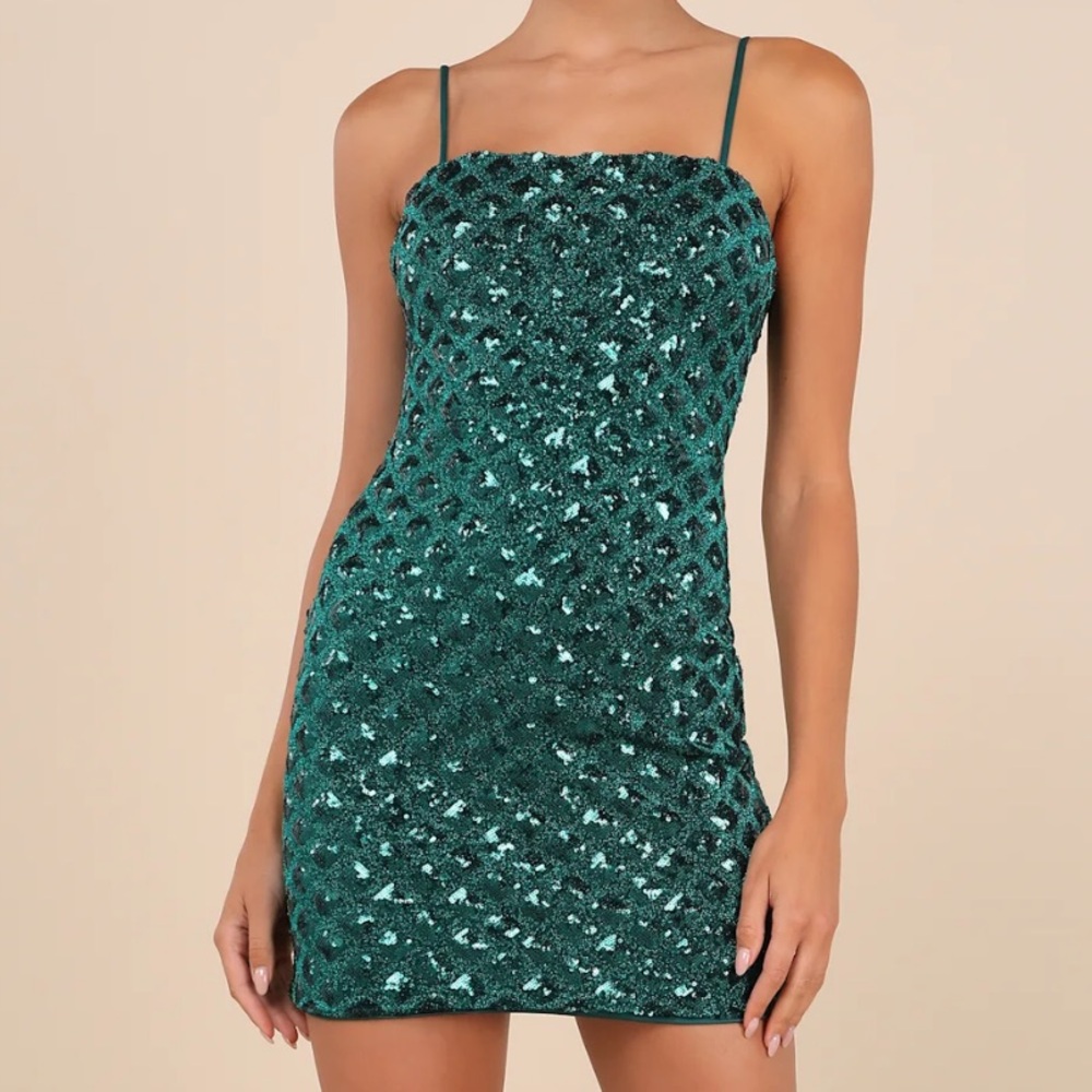 Lulu's Shimmering Vibes Emerald Green Lurex Sequin Lace-Up Mini Dress